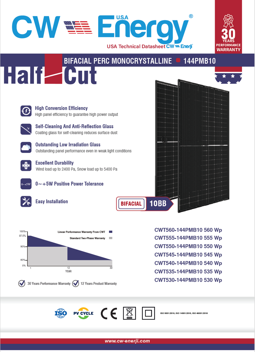 CW Energy 545W BiFacial PERC Monocrystaline Solar Panel 12/30 Year